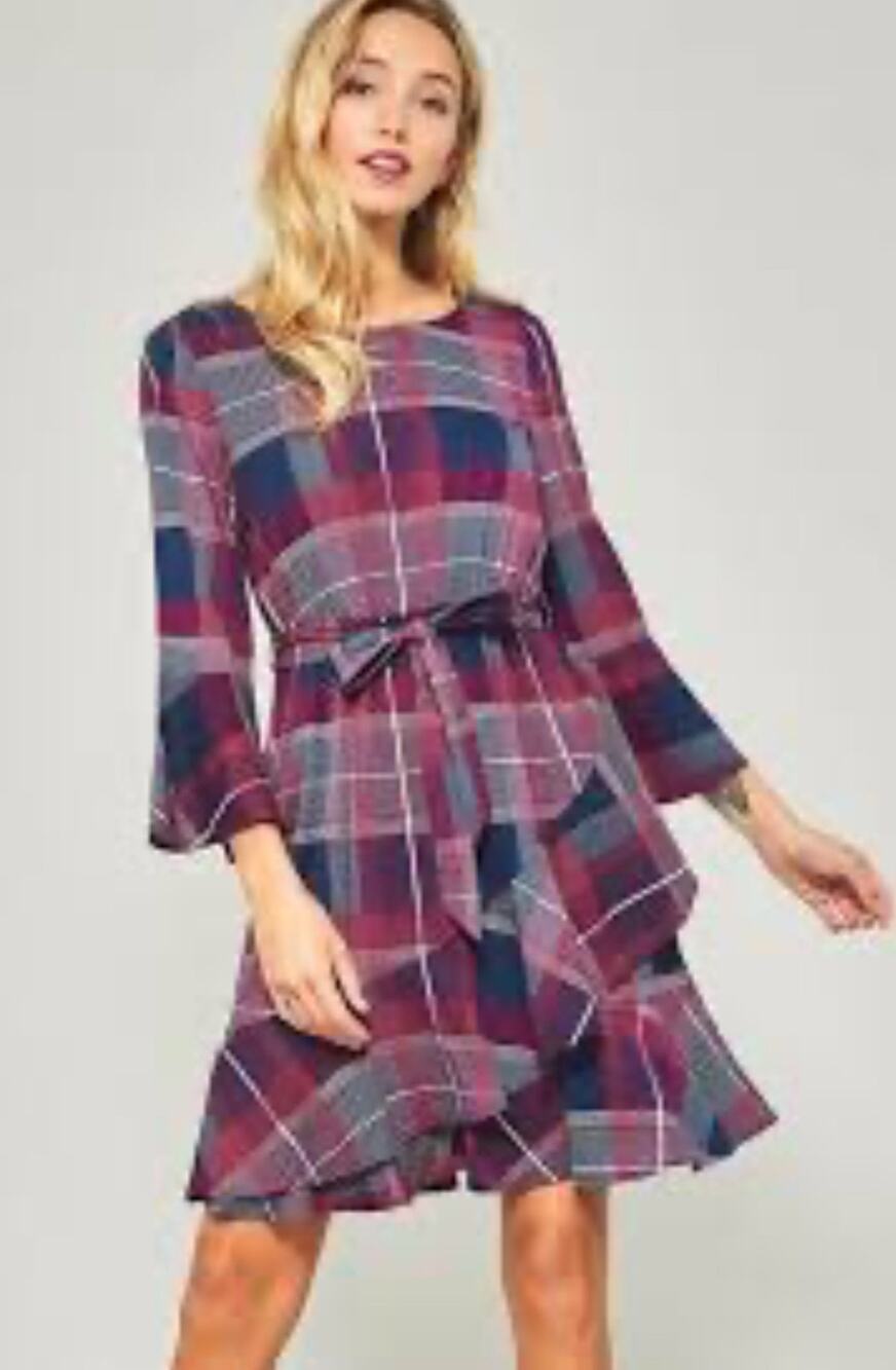 Promesa Women's Layered Ruffle Dress Long Sleeve Plaid Size Large